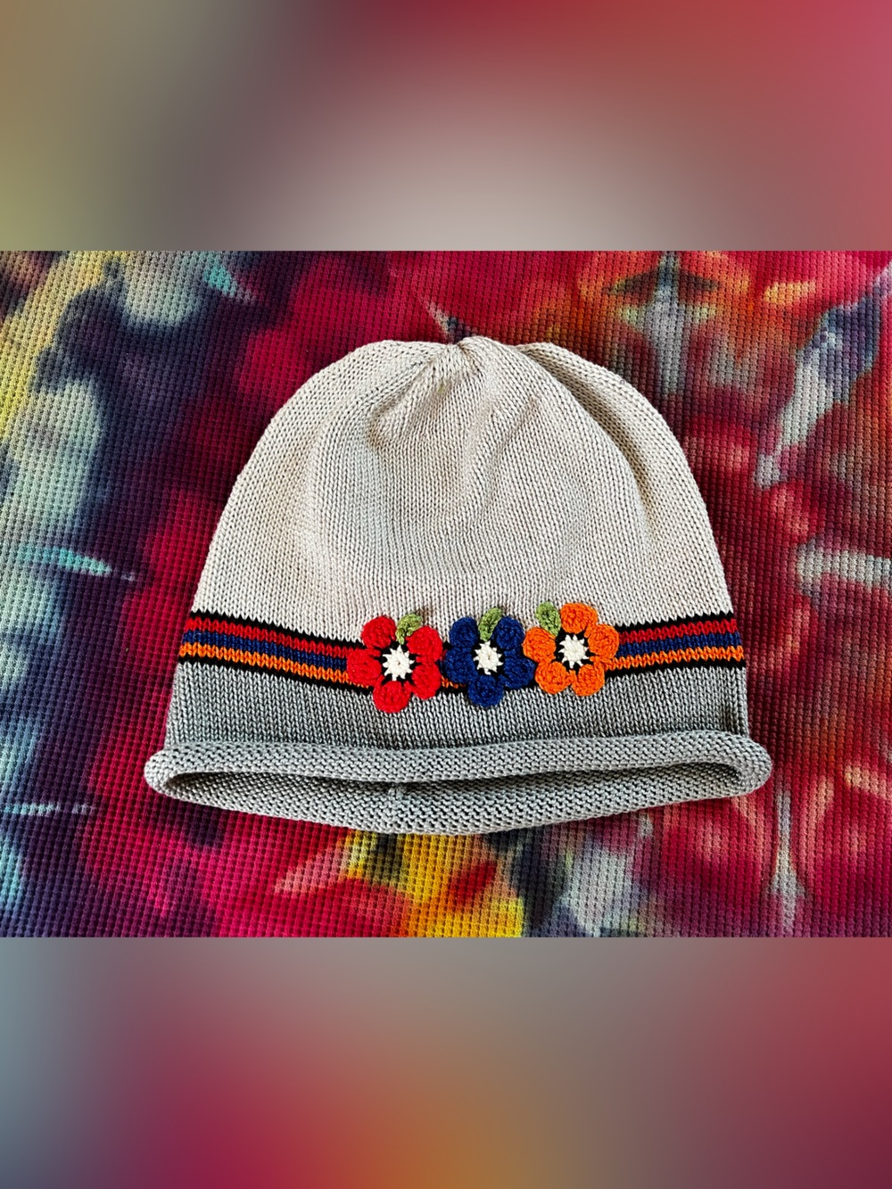 Kids Knitted Floral Striped Beanie